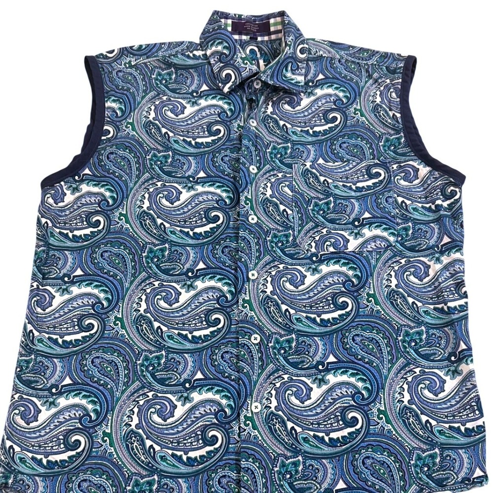 Alan Flusser Mens Blue Paisley Sleeveless Button Down Shirt Cotton Size M